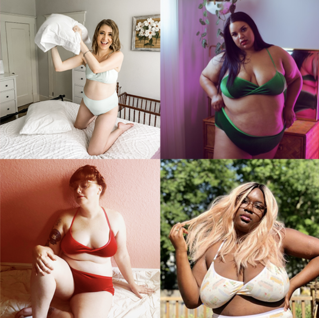 Good Bodies' Amazing Places for Plus-Size Lingerie - Collection of customer selfies in Hey Mavens! Sets, including white set, green velvet set, red velvet set, and school bus set
