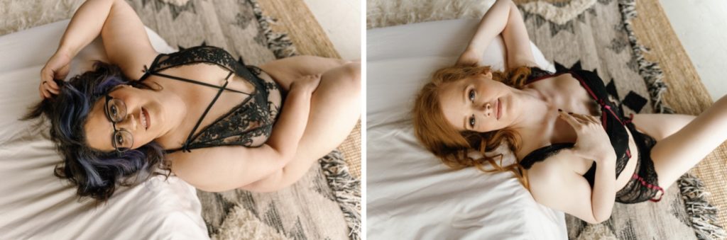 Couples boudoir session, individual portraits leaning against bed