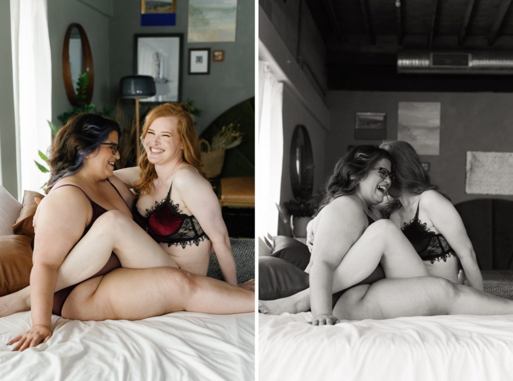 Couples boudoir session cuddled in bed