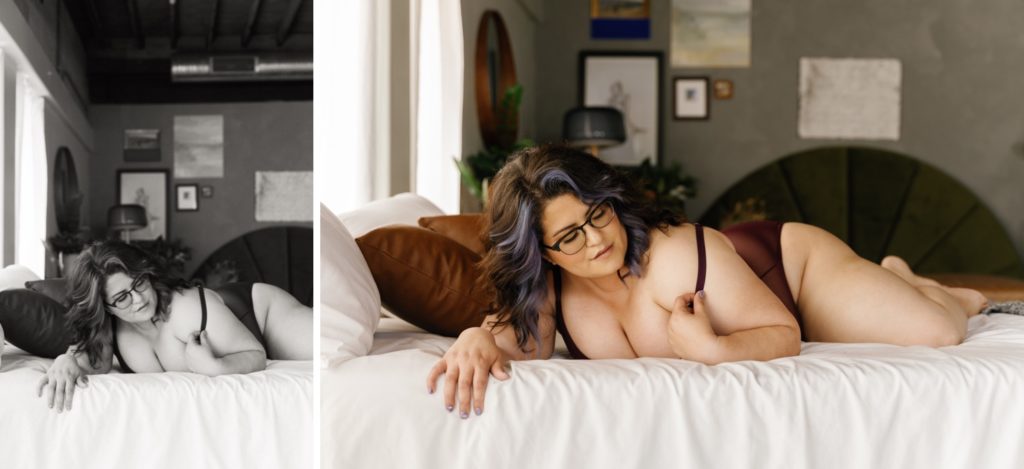 Individual portraits from couples boudoir session, laying on bed in red lingerie