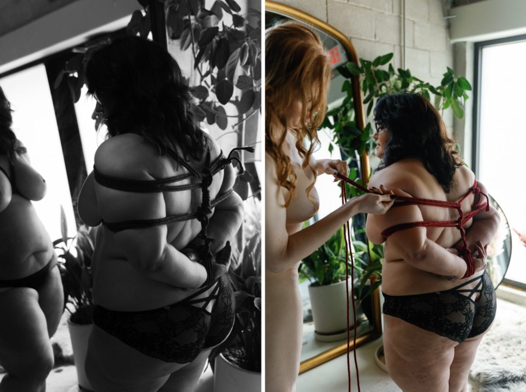 Couples boudoir session with the art of shibari red rope