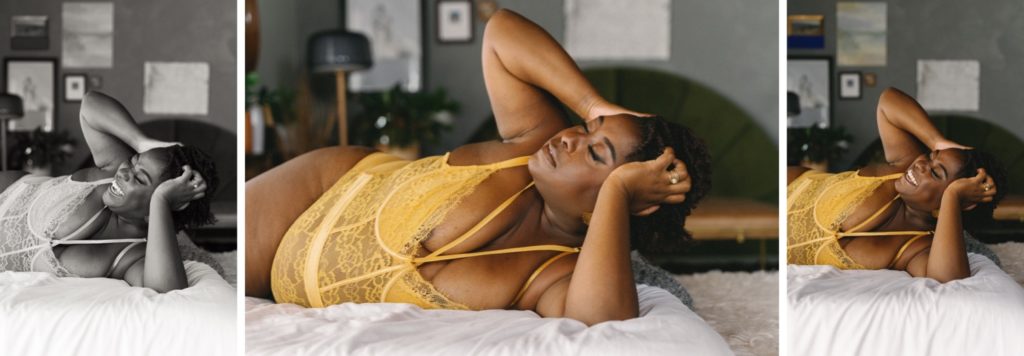 Individual boudoir session, laying on bed in yellow bodysuit