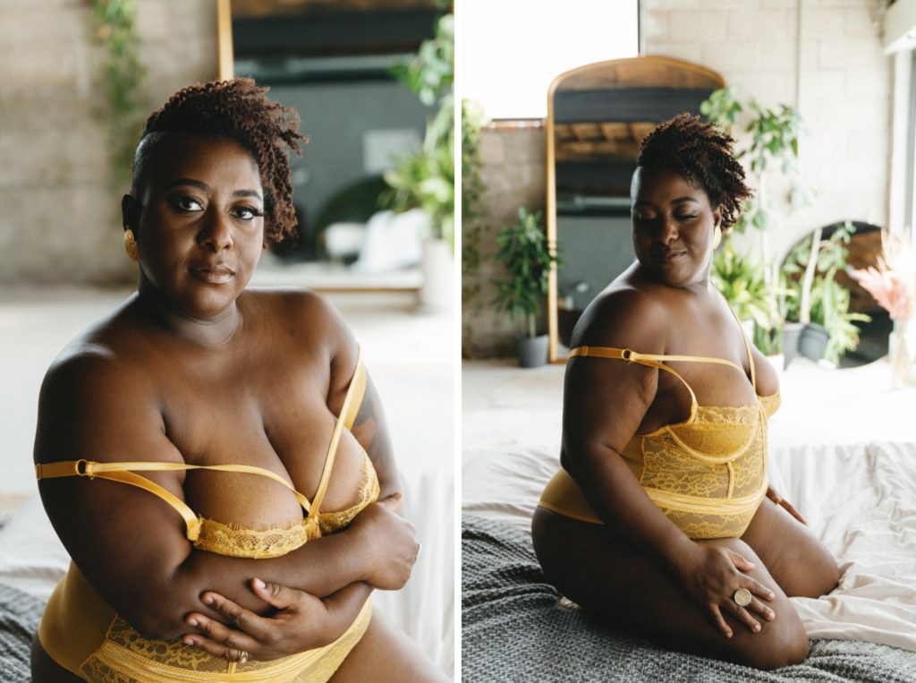 Individual boudoir session, posing on bed in yellow strappy bodysuit