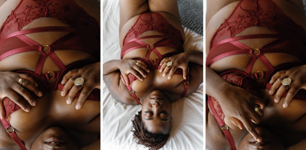Overhead image of client in red bodysuit, close-ups of hangs and jewelry