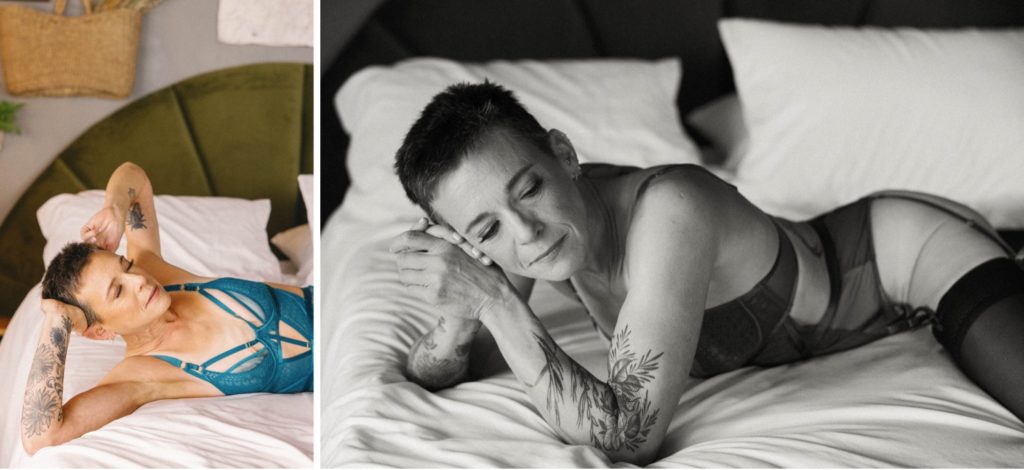 Individual boudoir photos, woman in blue bodysuit posing on bed