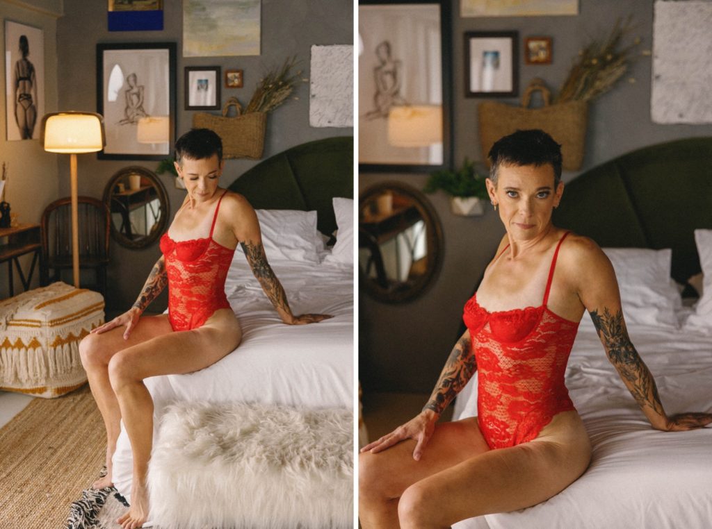 Individual boudoir photos, woman in red bodysuit posing on bed