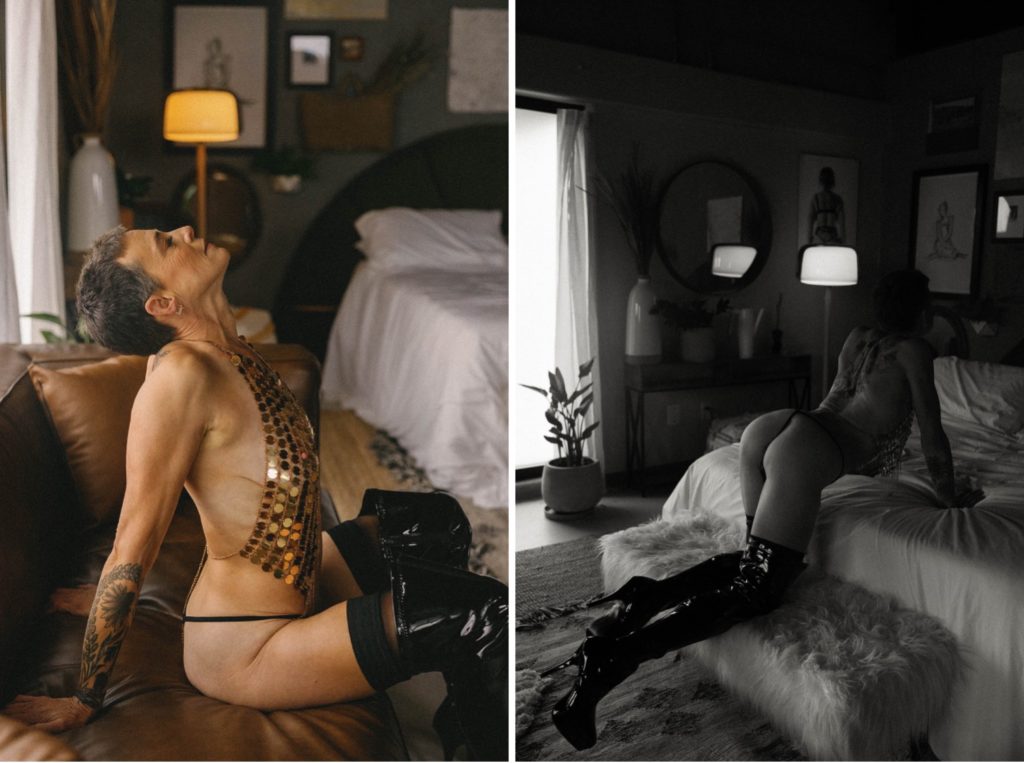 Individual boudoir photos, woman in gold sequin top, thong, and black leather boots posing on couch and bed in studio