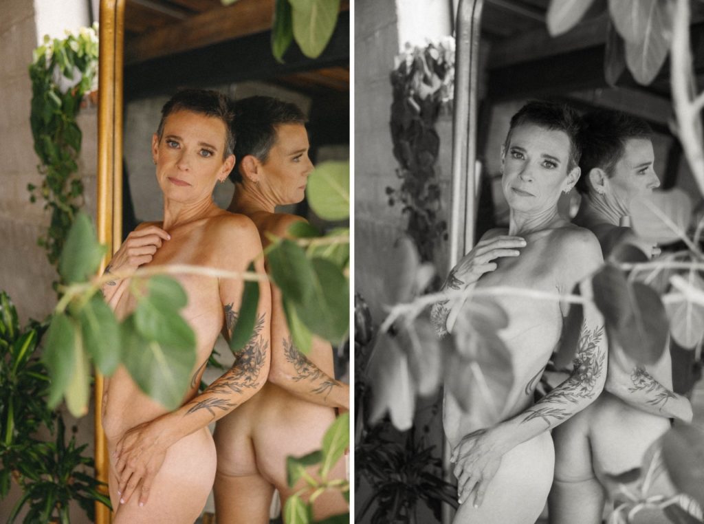 Individual boudoir photos, woman posing nude in front of mirror with plants
