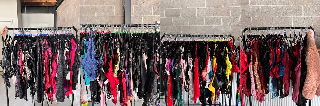 Four images stitched together of the Good Bodies client closet sizes extra small to 6X